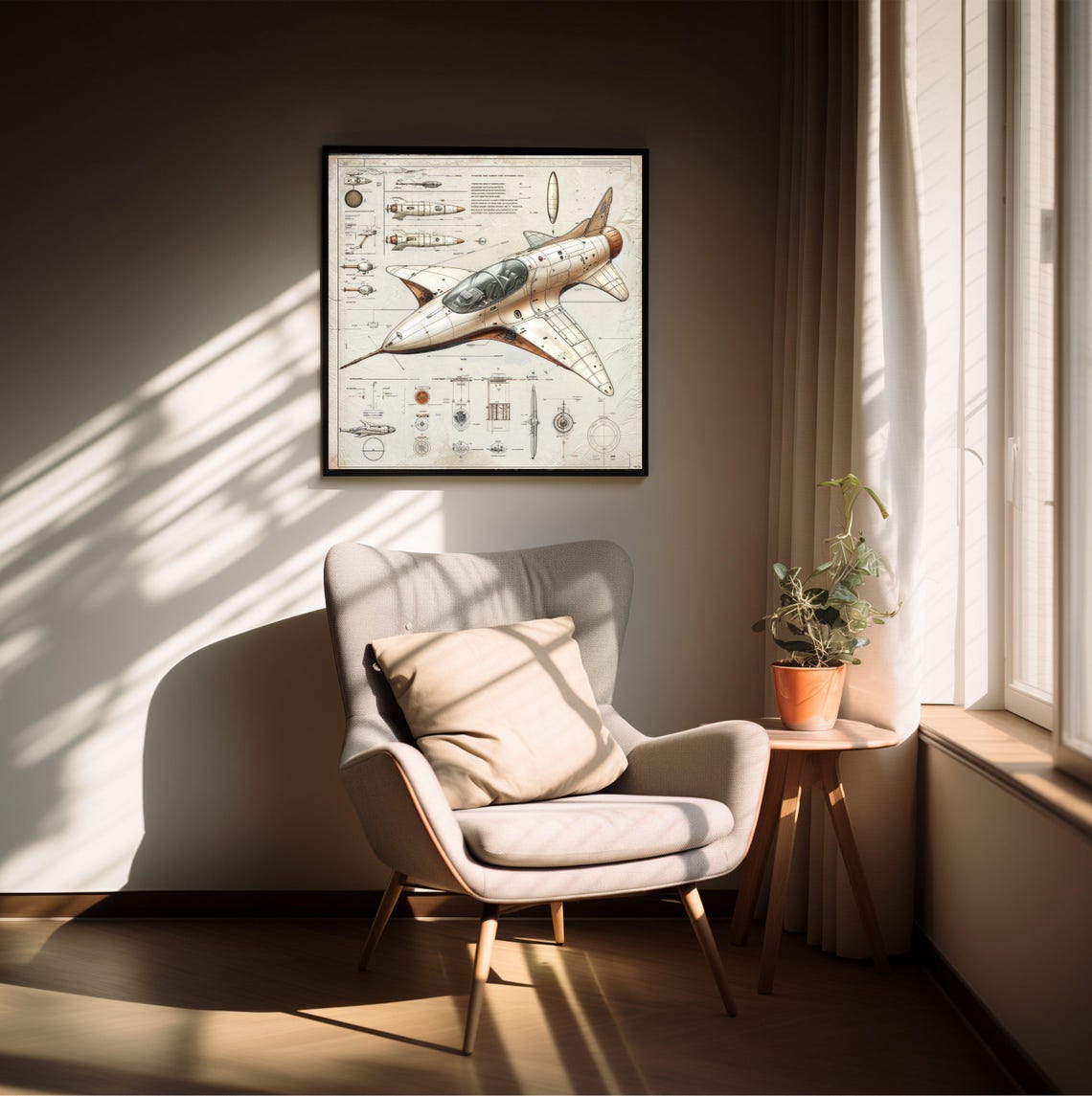Vintage Spaceship Blueprint Retro Futuristic Spacecraft Art Poster