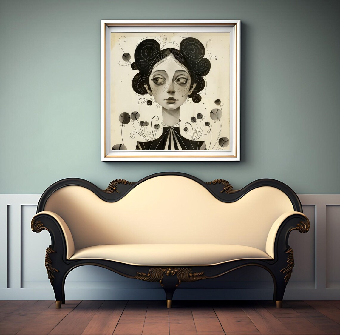 Freckled Woman Swirled Black Hair Floral Buds Whimsical Monochrome Poster - Image 3