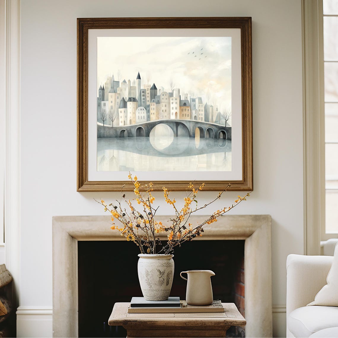 Dreamy City Skyline Arched Bridge Reflections Neutral Art Poster - Image 2