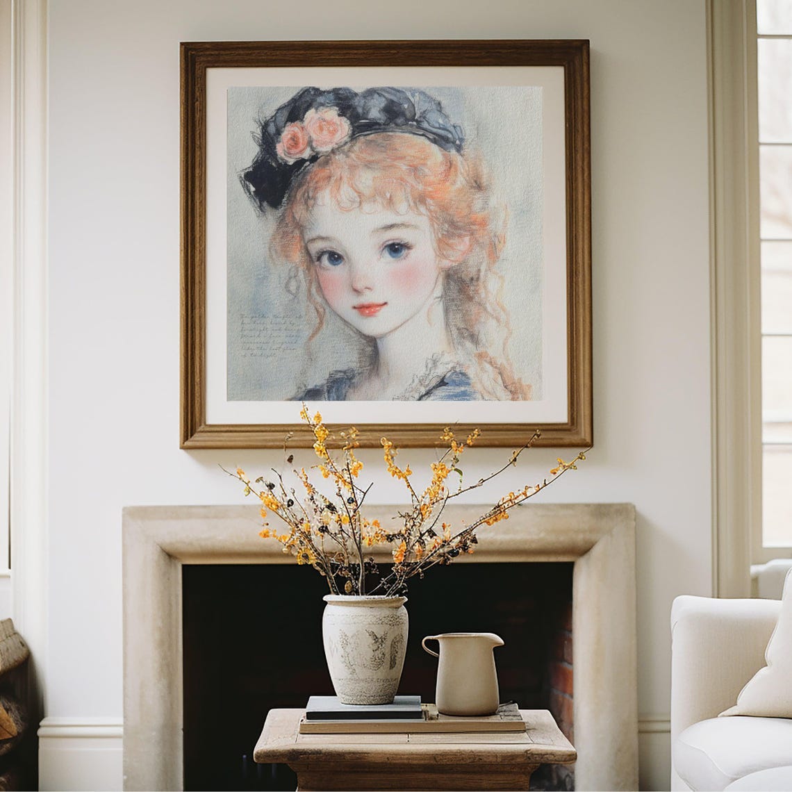 Whimsical Watercolor Portrait Red Curly Hair Girl Roses Hat Poster