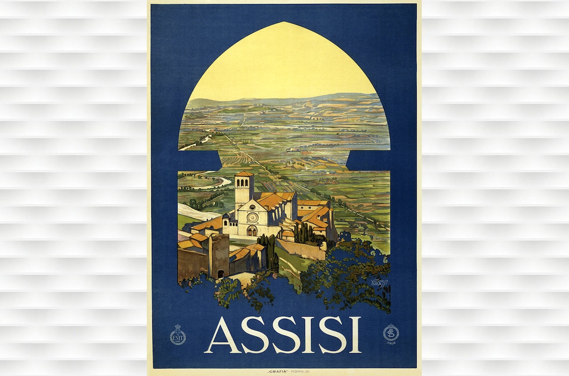 Assisi Italy Basilica View Vintage Italian Travel Poster Art