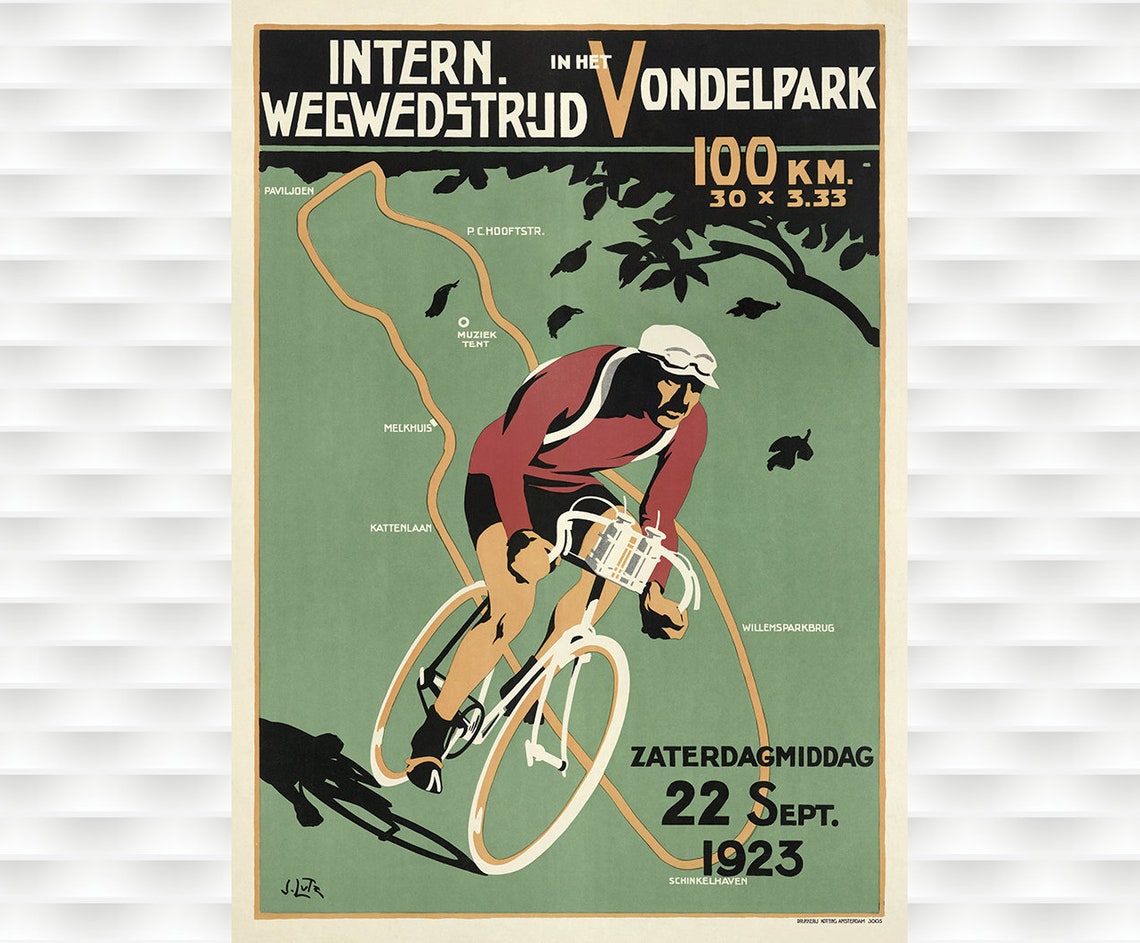 1923 Vondelpark Amsterdam 100KM Cycling Race Vintage Map Poster