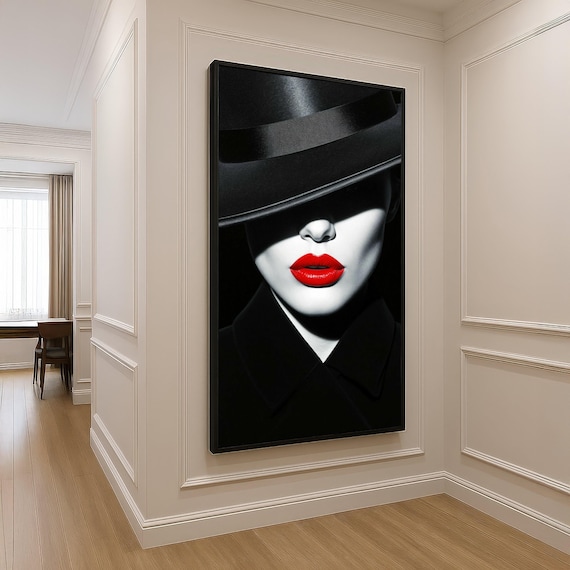 Red Lips Woman Black Hat Monochrome Fashion Art Portrait Poster
