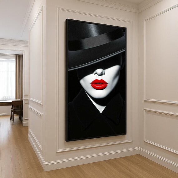 Red Lips Woman Portrait Canvas Black Hat Wall Art Monochrome Fashion Stylish Home Decor Glamorous Female Face Painting