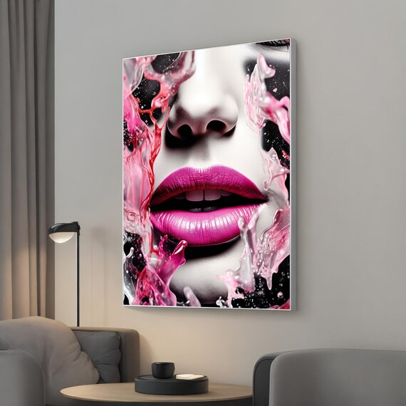 Pink Lips Woman Face Art Splash Modern Glam Beauty Wall Poster