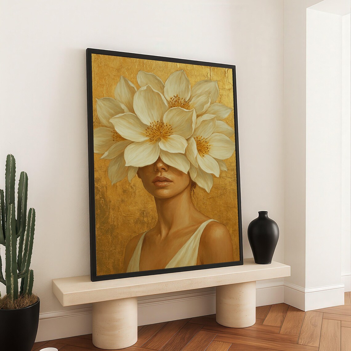Woman Large White Flower Hat Gold Background Modern Portrait Poster