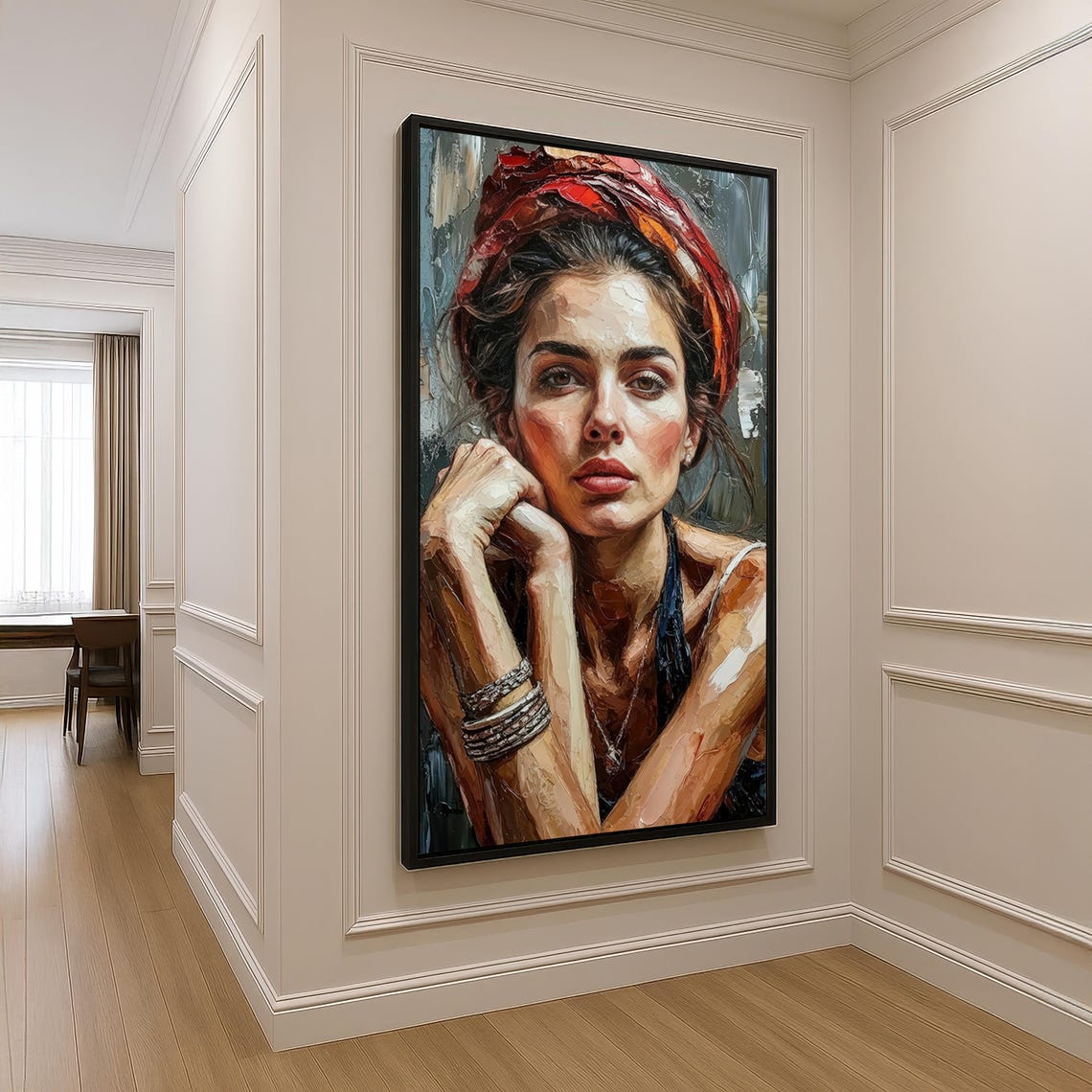 Boho Woman Portrait Red Headscarf Oil Painting Expressive Wall Art