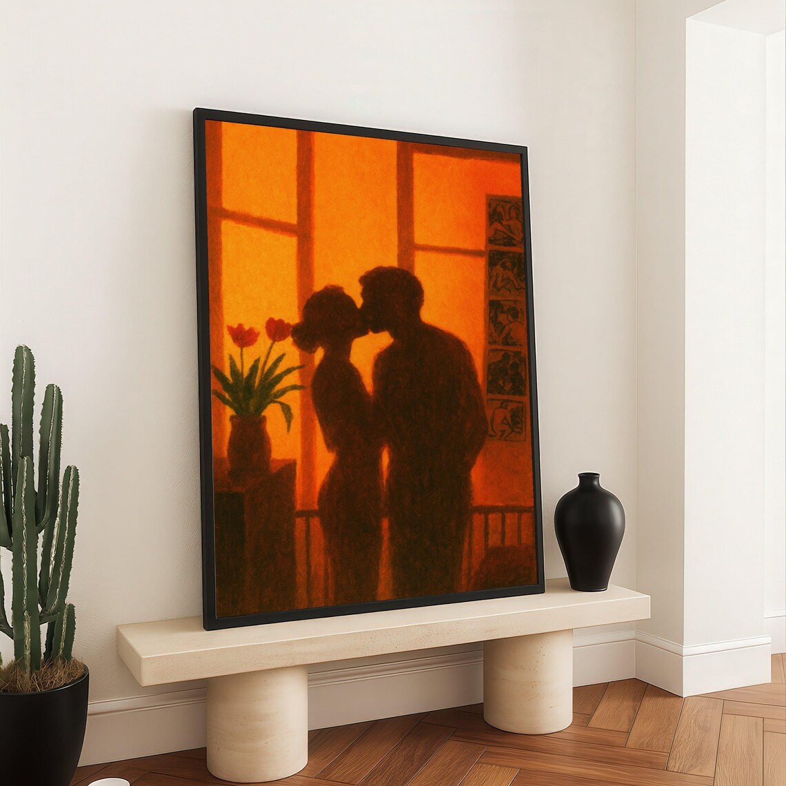 Couple Silhouette Sunset Kiss Romantic Orange Bedroom Wall Art