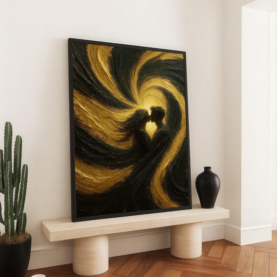 Golden Embrace Silhouettes Romantic Abstract Canvas Couple In Love Wall Art Swirl Design Modern Home Decor