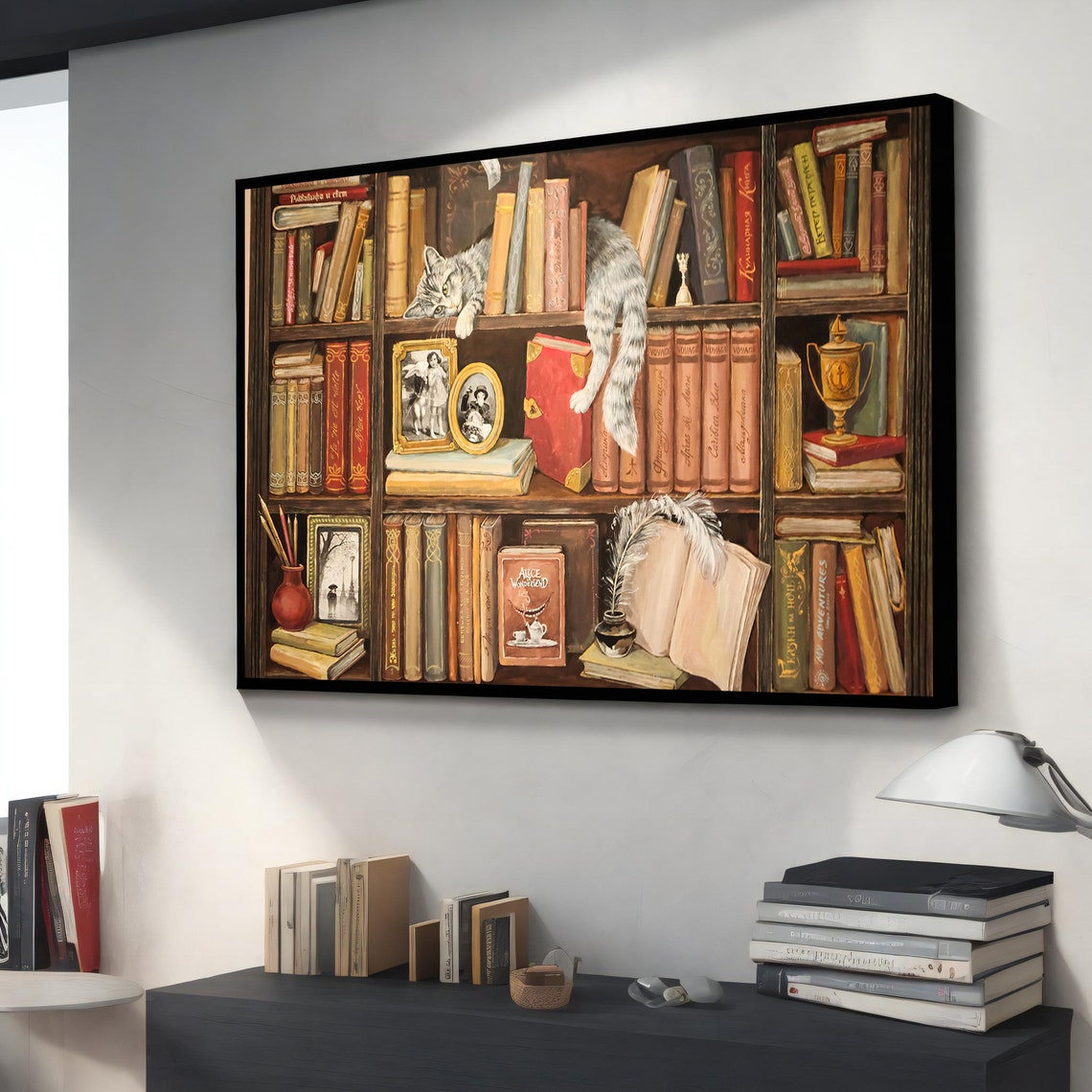 Whimsical Cat Sleeping on Library Bookshelf Cozy Reading Art Poster
