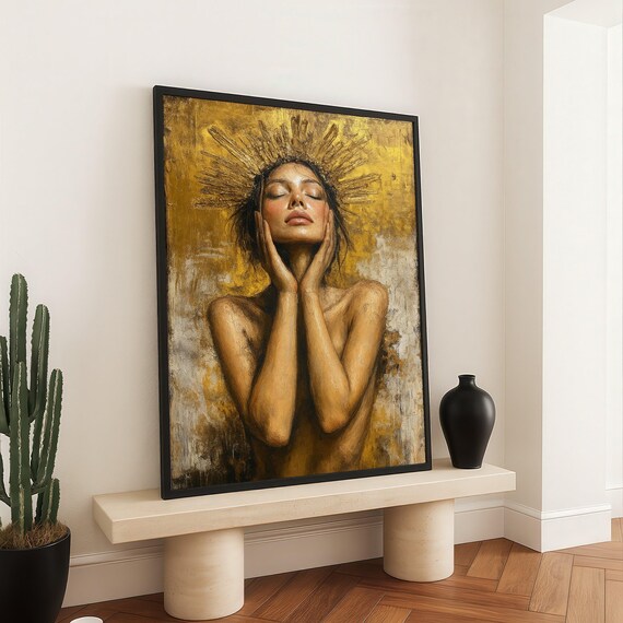 Ethereal Woman Golden Crown Canvas Spiritual Portrait Wall Art Abstract Female Figure Painting Luxe Home Decor Modern