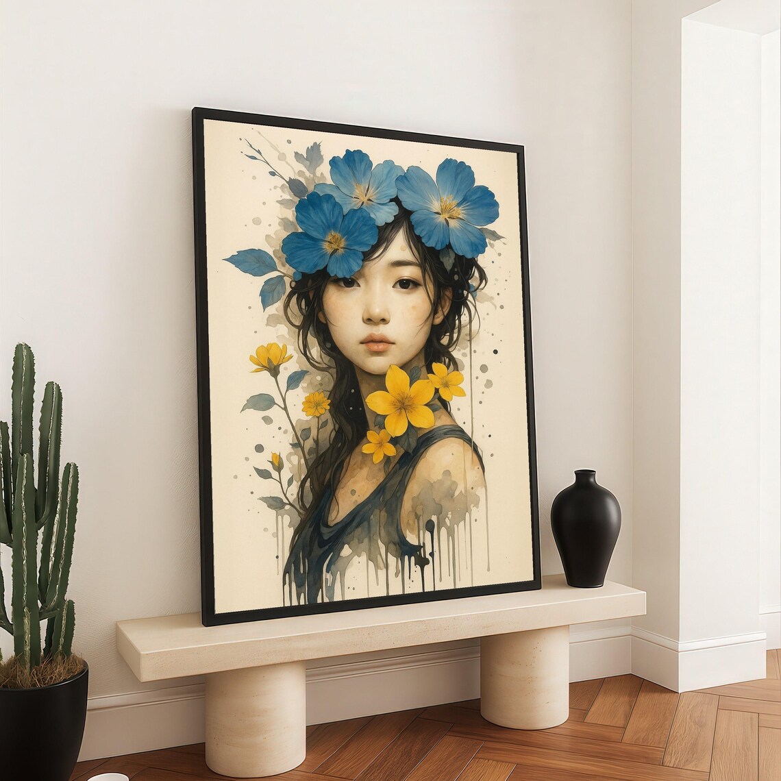 Blue and Yellow Floral Portrait Ethereal Woman Canvas Art Print