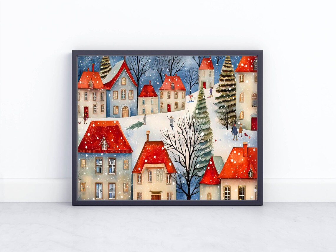 Snowy Christmas Village Red Roof Houses Winter Landscape Poster - Image 3