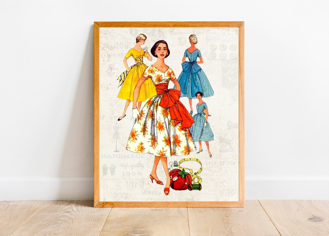 Retro 1950s Sewing Pattern Dress Fashion Craft Room Vintage Poster - Image 3