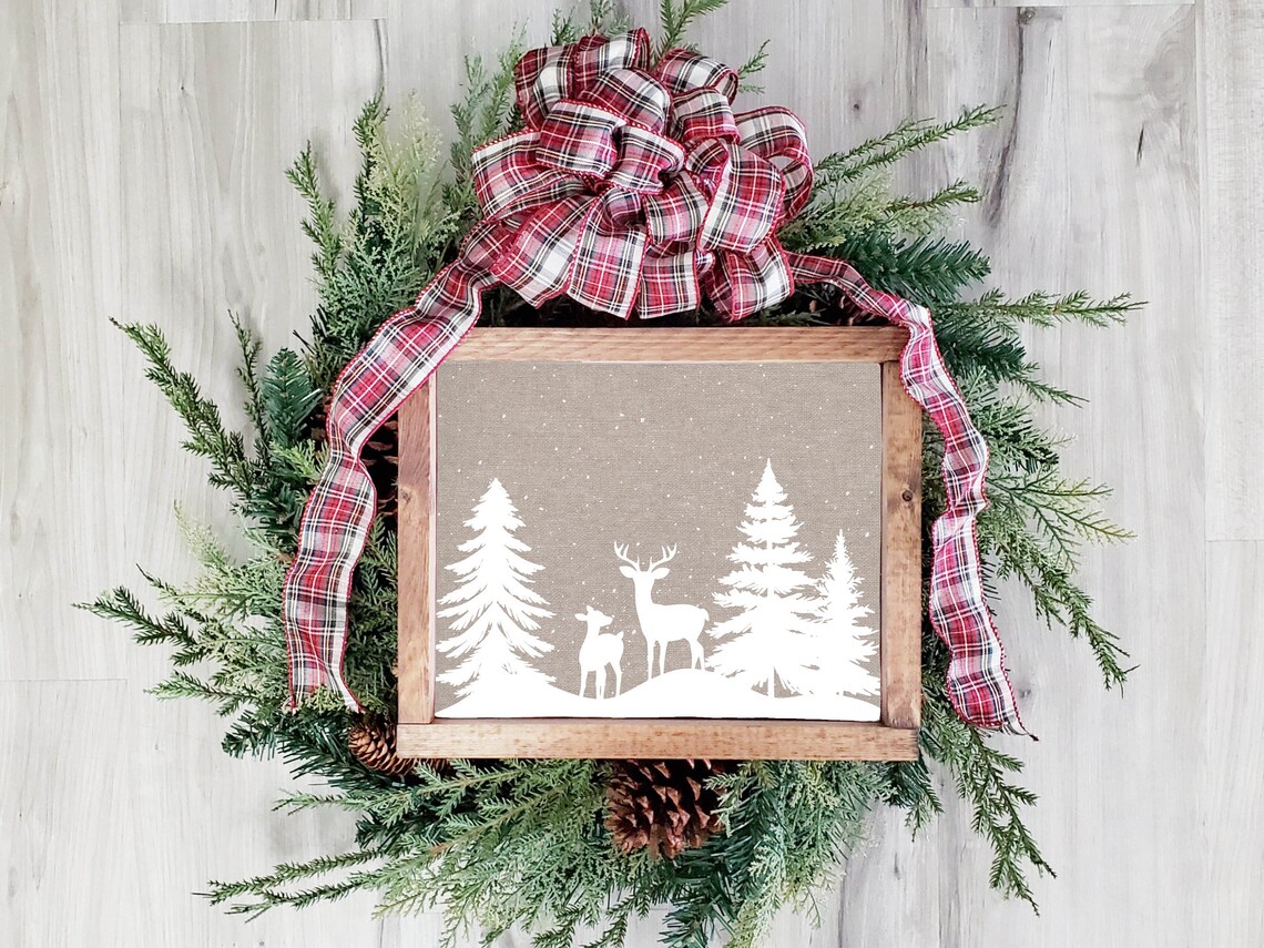 Deer Silhouettes In Snow White On Taupe Winter Woodland Scene Poster - Image 8