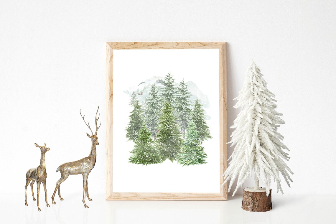 Snowy Evergreen Trees Watercolor Minimalist Winter Forest Scene Poster - Image 3