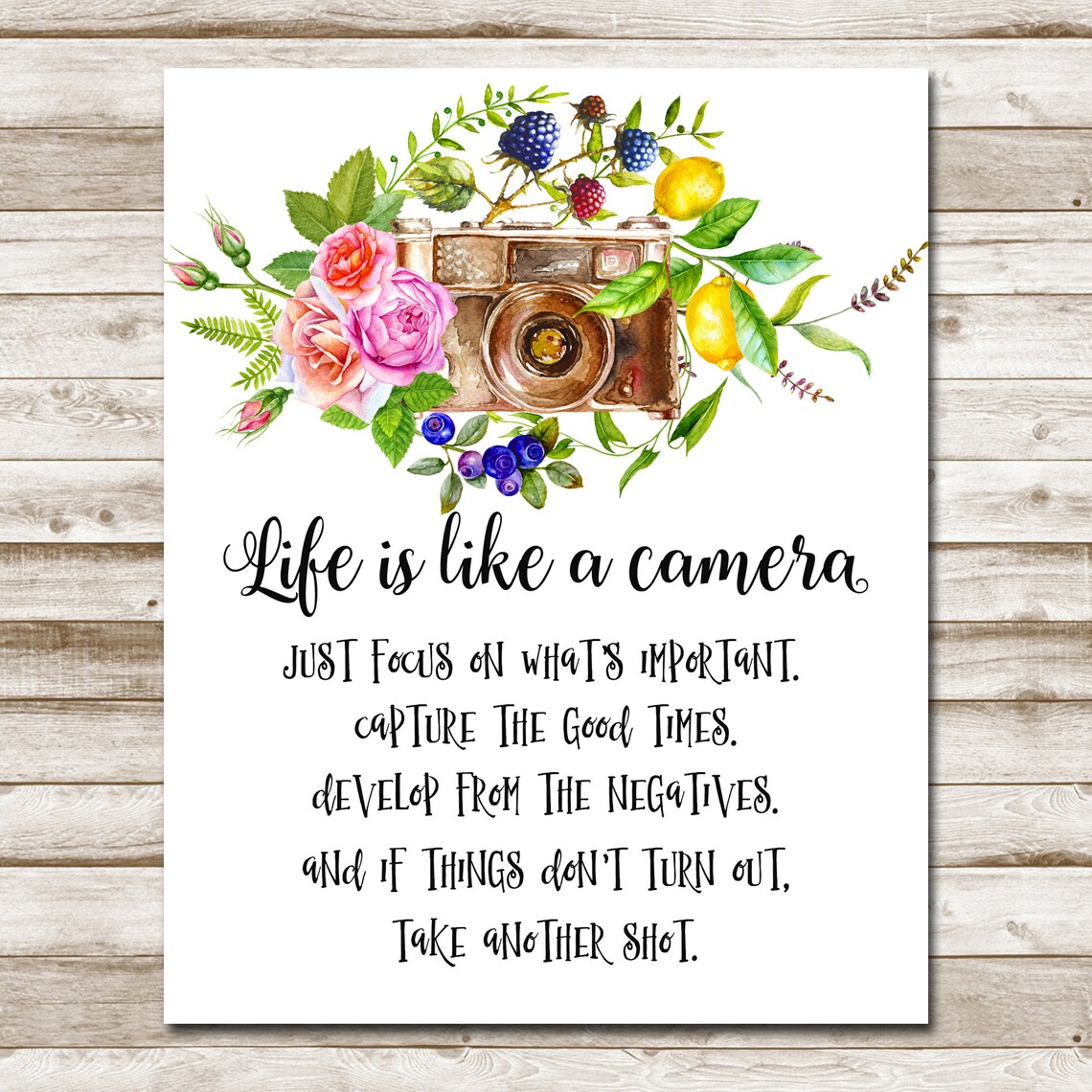 Life Is Like a Camera Inspirational Quote Vintage Camera Floral Poster - Image 4