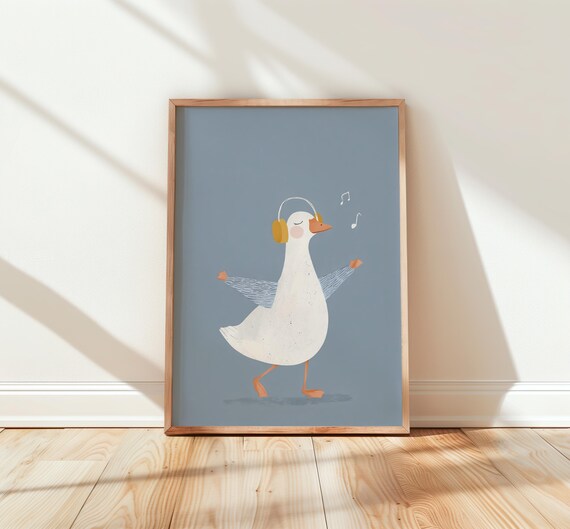 Dancing Duck Wearing Headphones Music Notes Kids Nursery Poster