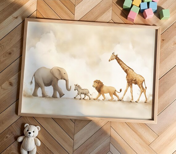 Safari Animal Parade Watercolor Baby Elephant Giraffe Lion Illustration Nursery Wall Art Jungle Theme Decor For Kids 3
