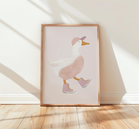 Funny Pink Duck in Sneakers and Cap Nursery Kids Room Poster