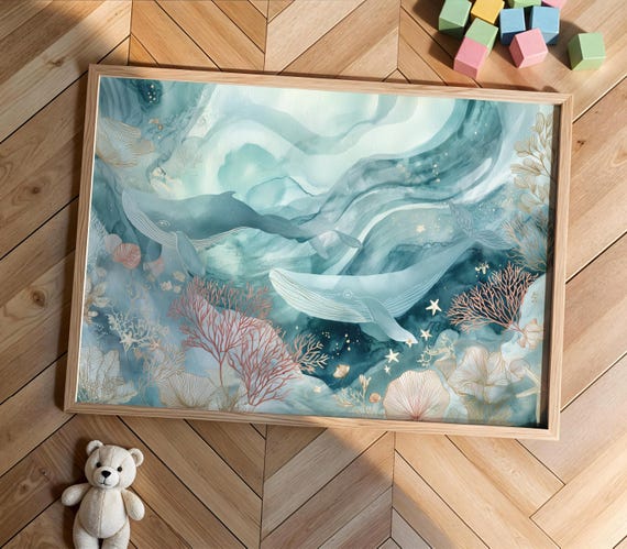 Whale In Ocean Depths Art Watercolor Underwater Scene Sea Life Decor Illustration Nautical Nursery Wall 6