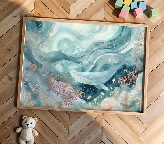 Whales Underwater Watercolor Poster Teal Ocean Coral Reef Nursery Decor