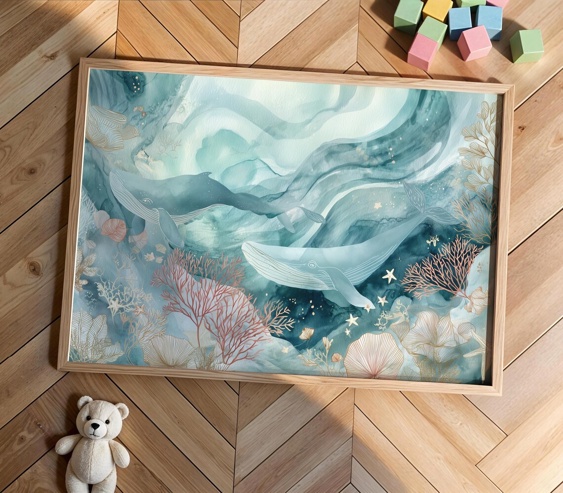 Whales Underwater Watercolor Poster Teal Ocean Coral Reef Nursery Decor