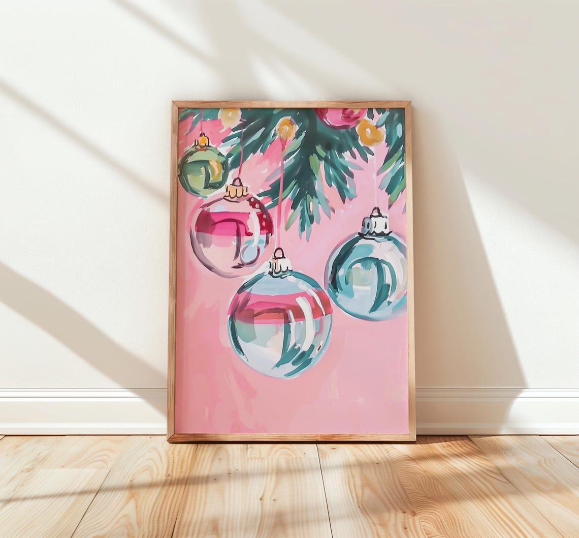 Colorful Pastel Christmas Baubles Pink Holiday Tree Art Poster