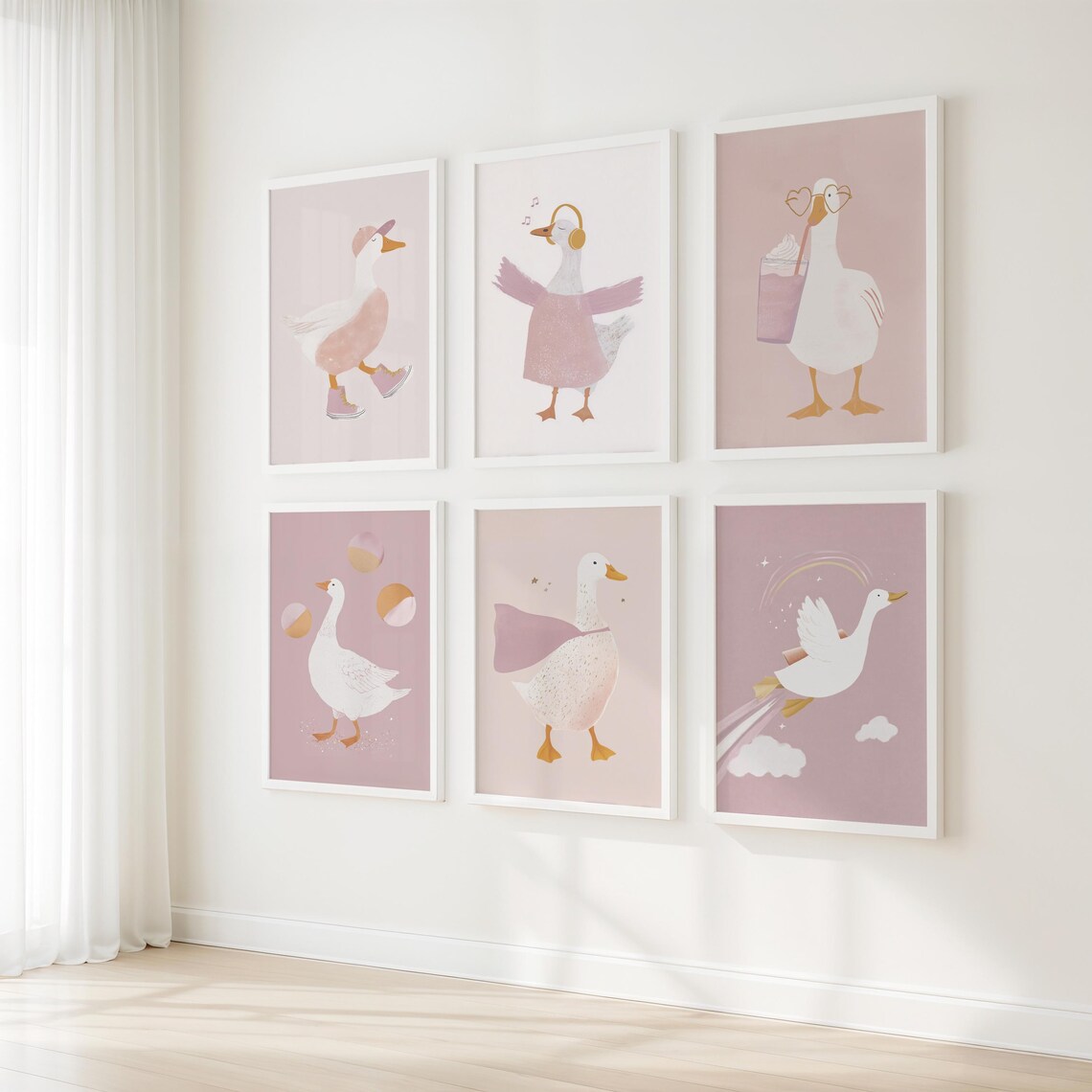 Pink Goose Nursery Gallery Six Piece Cute Goose Room Art Poster