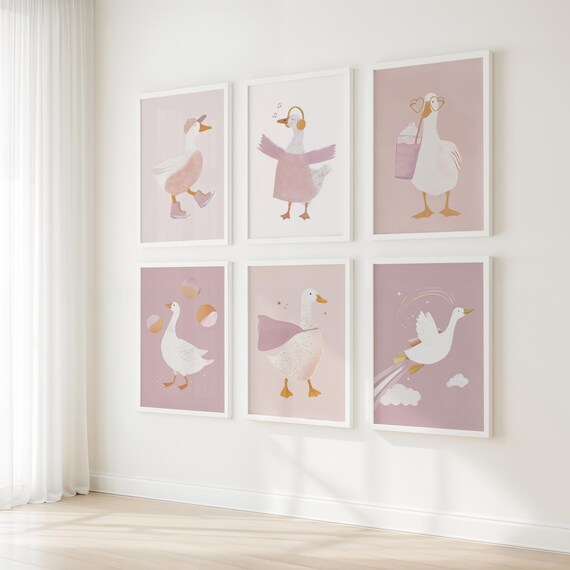 Pink Goose Nursery Gallery Six Piece Cute Goose Room Art Poster