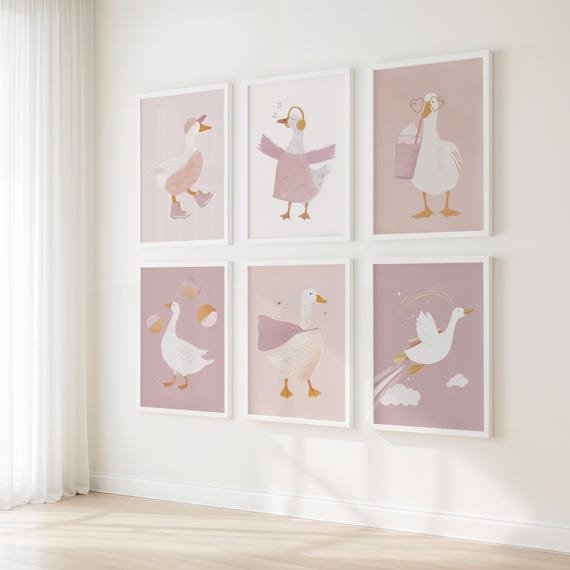 Pink Goose Wall Art Set Of 6 Cute Animal Nursery Prints Kids Room Decor Pastel Farmhouse