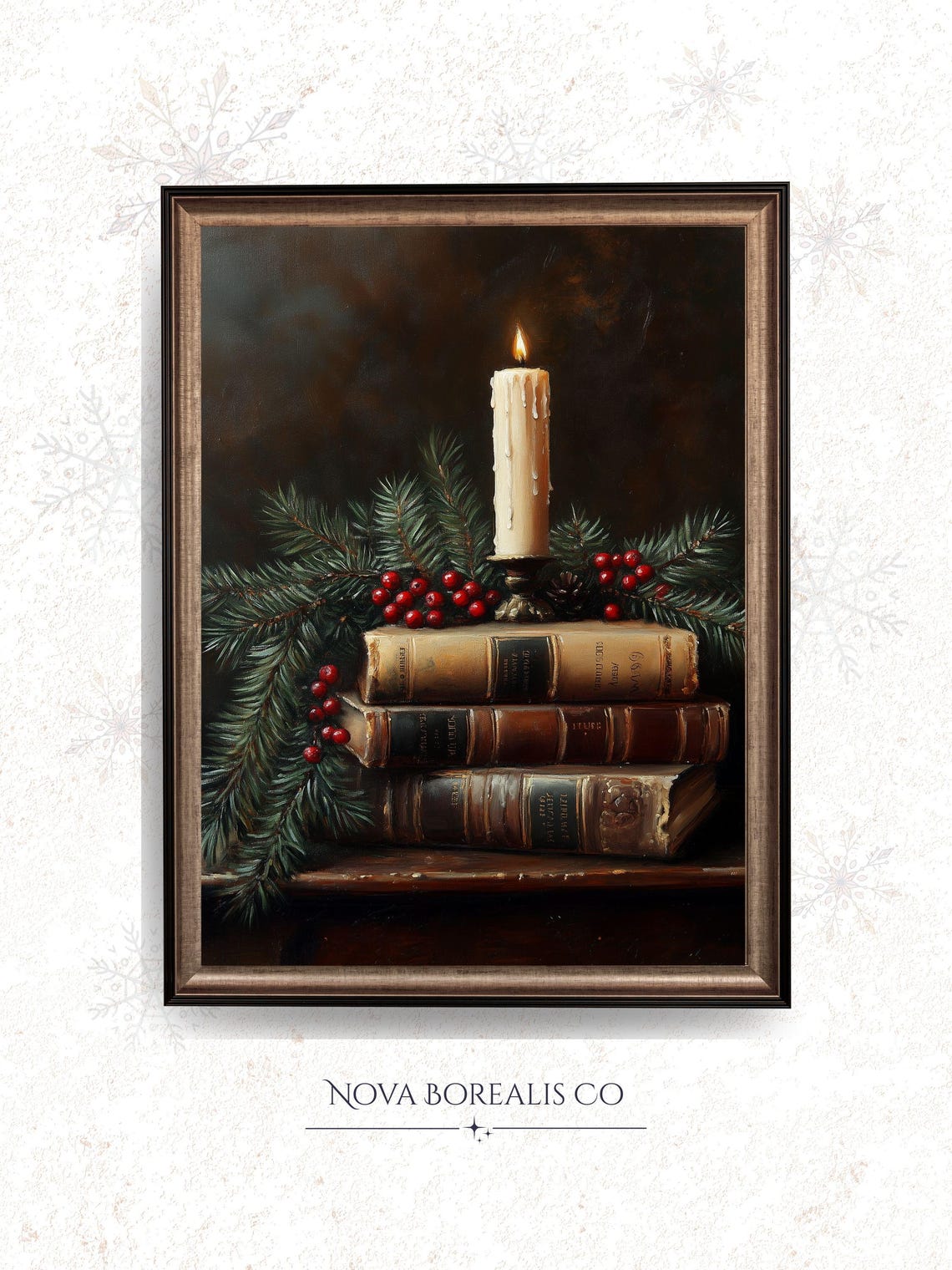 Candle On Antique Books Rustic Cozy Winter Still Life Art Poster