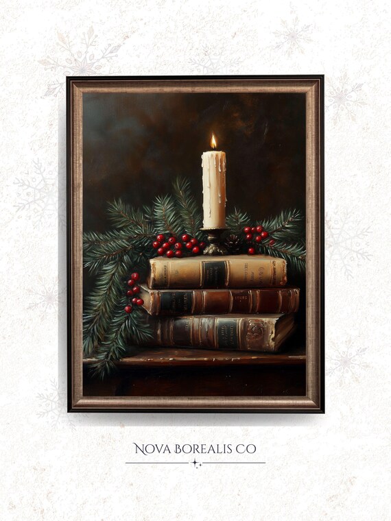 Candle On Antique Books Rustic Cozy Winter Still Life Art Poster