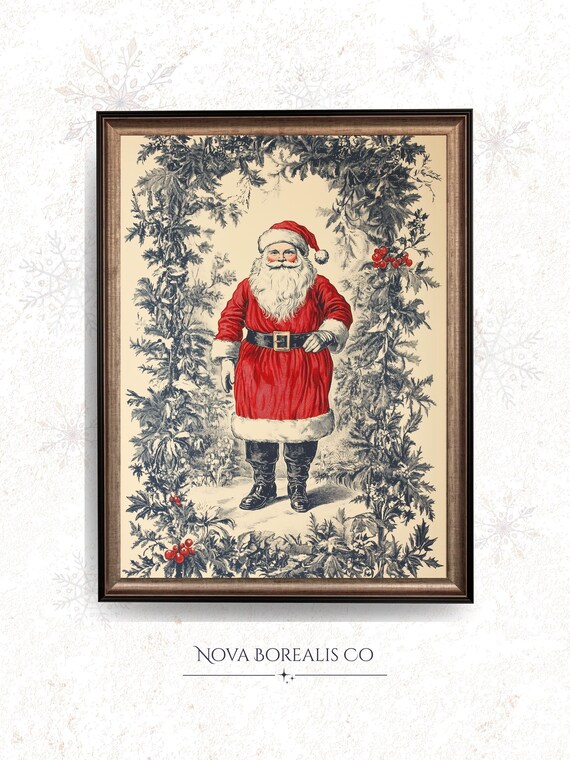 Vintage Santa Claus Red Coat Holly Arch Christmas Illustration Poster