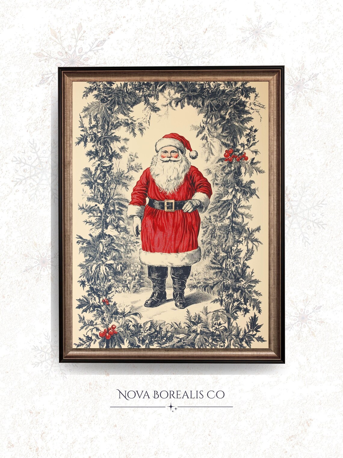 Vintage Santa Claus Red Coat Holly Arch Christmas Illustration Poster