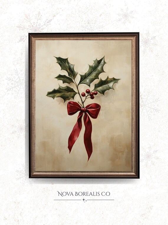 Vintage Holly Sprig Red Berries Ribbon Bow Christmas Holiday Poster
