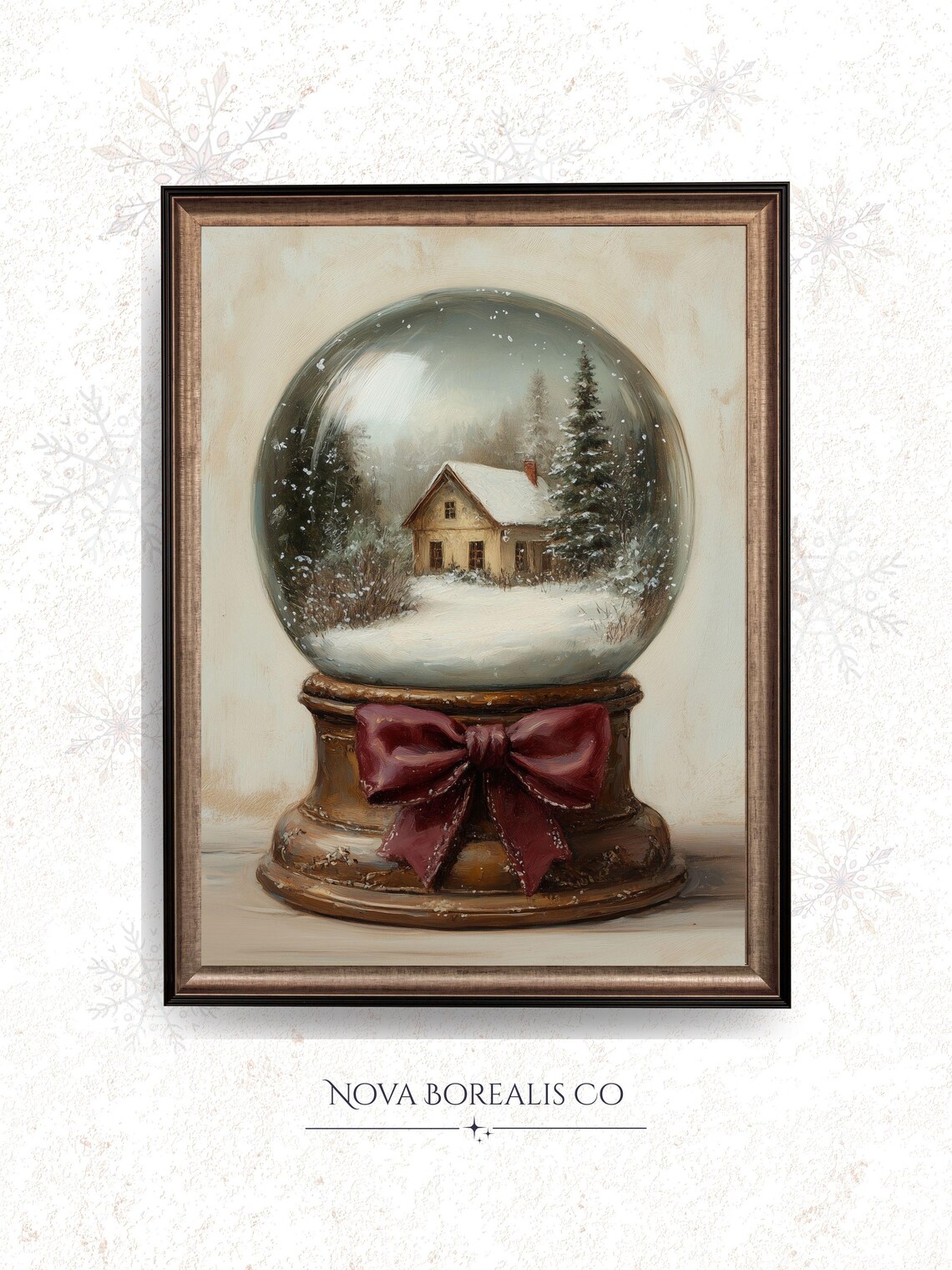 Vintage Snow Globe Cozy Cabin Red Bow Rustic Christmas Wall Art