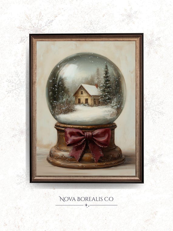 Cozy Winter Snow Globe Vintage Rustic Cabin Art Pine Trees Festive Decor With Moonlit Sky Falling 112