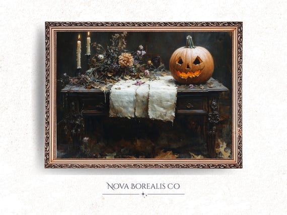 Spooky Gothic Jackolantern Still Life Vintage Halloween Decor Dark Academia Art Realistic Pumpkin Print Painting 22