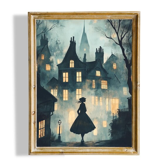 Girl Silhouette Foggy Night Town Moody Dark Street Art Poster