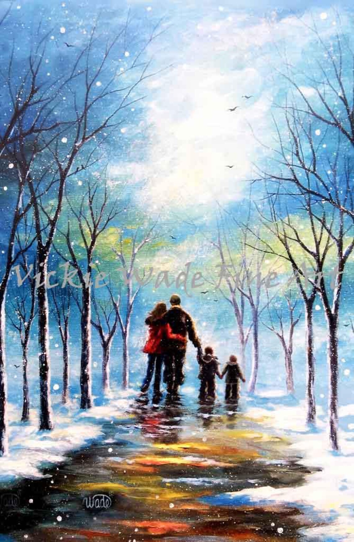 Family Of Four Walking Together Through A Snowy Forest Poster