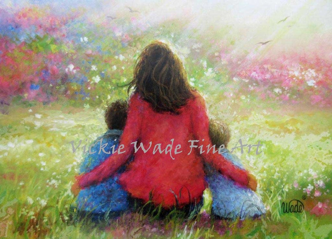 Mother In Red Hugging Two Sons In A Flower Meadow Art Poster - Image 3