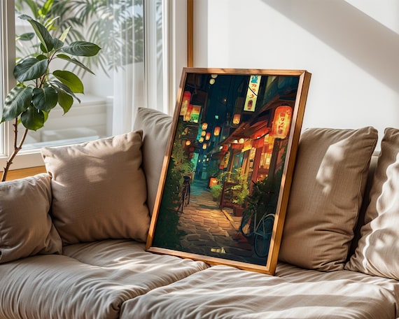 Tokyo Japan Night Lantern Alley Anime Illustration Cozy Street Art Poster