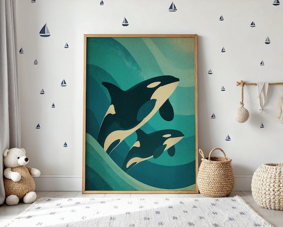 Two Orcas Swimming Stylized Teal Ocean Waves Killer Whale Nursery Poster