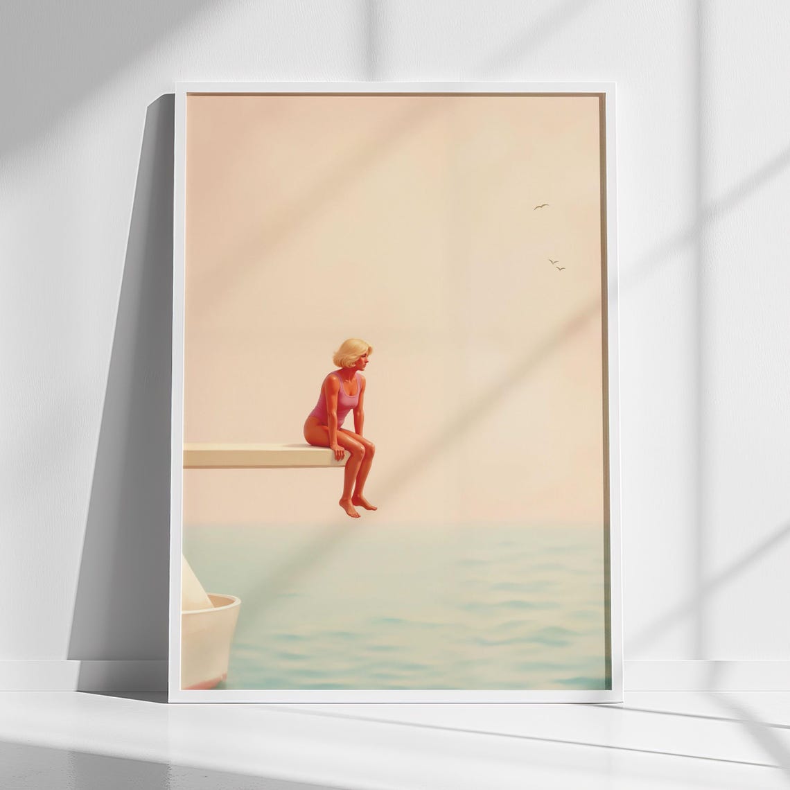 Blonde Woman Diving Board Ocean Pastel Dreamy Swim Art Poster