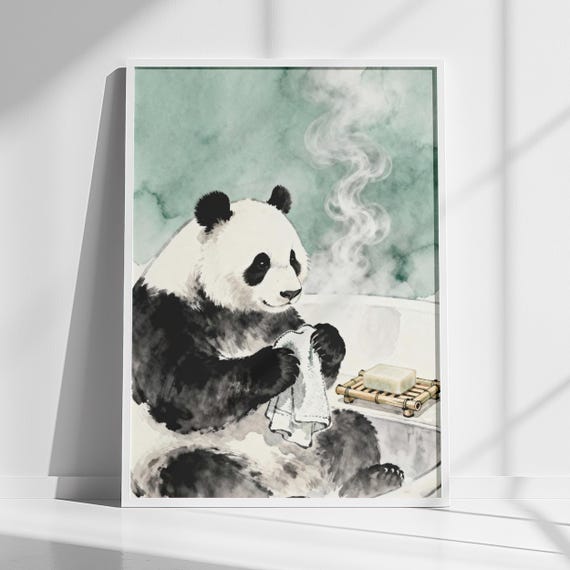 Bathroom Wall Art Panda Bath Time With Towel Soap Print Instant