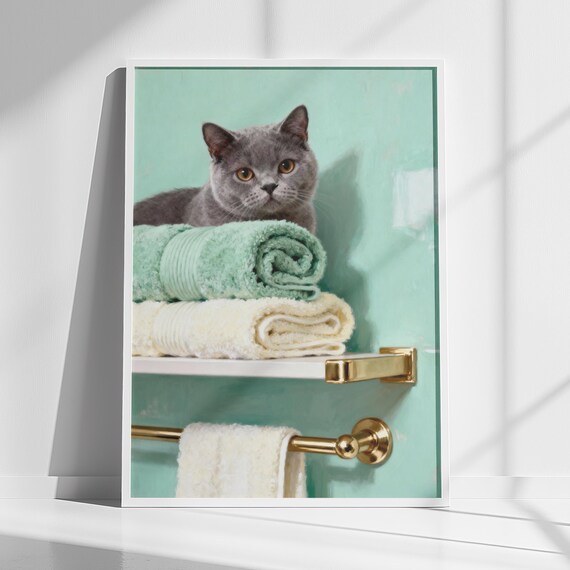 British Shorthair Cat On Towels Cozy Bathroom Portrait Poster