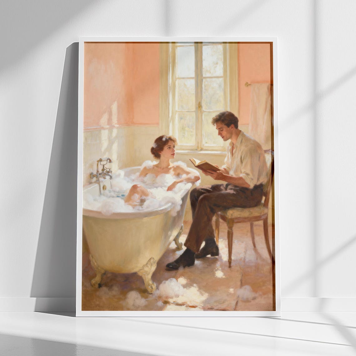 Romantic Couple in Bubble Bath Vintage Oil Painting Style Print