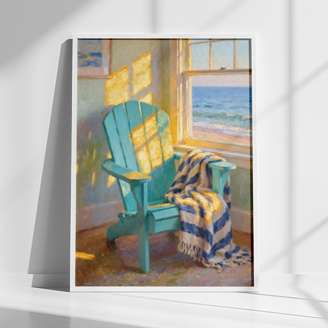 Coastal Wall Art, Sunlit Window View With Adirondack Chair Art Print