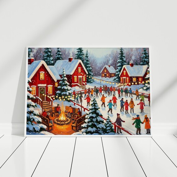 Cozy Snowy Christmas Village Ice Rink Bonfire Winter Night Poster